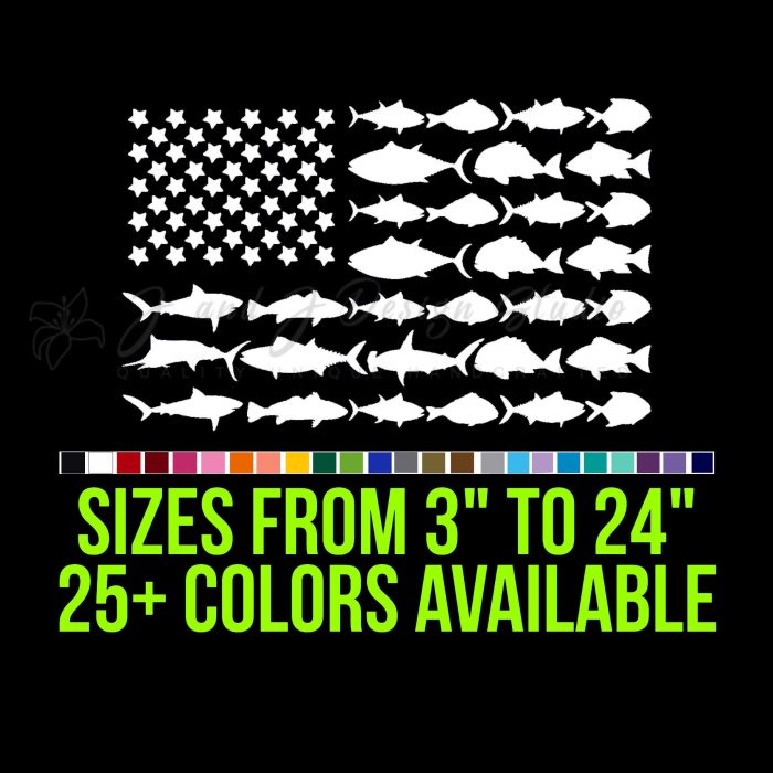 American Flag Fish Vinyl Decal- Custom Size - Up to 24 inches